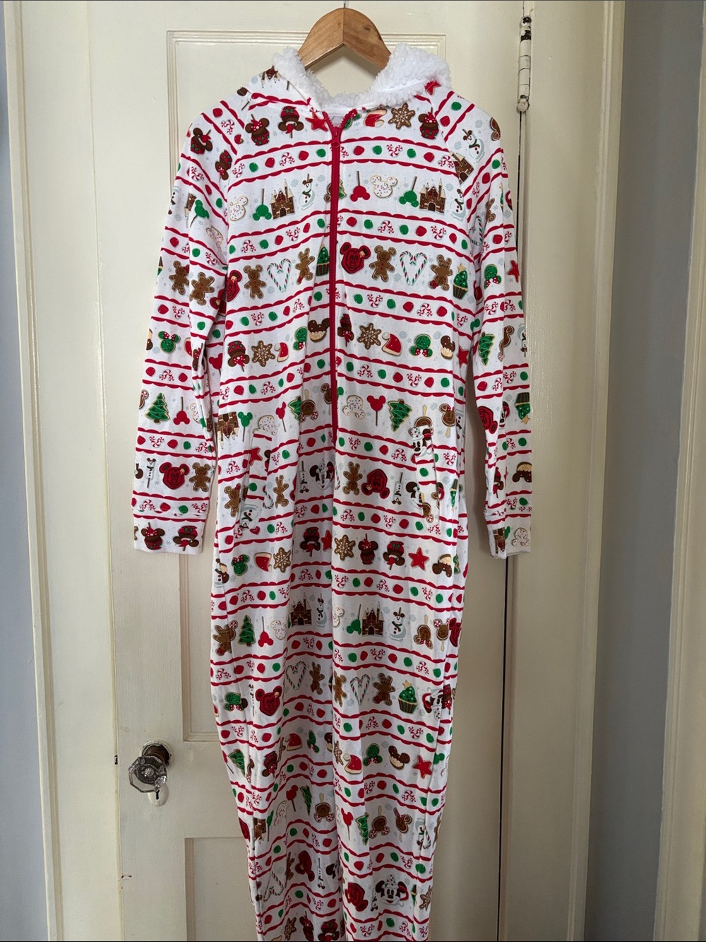 Disney Holiday Hooded Onesie Pajamas - White with Red & Green Print